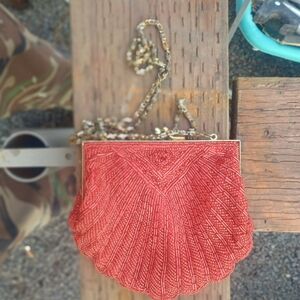 Chic Red Beaded Clutch with Gold Chain